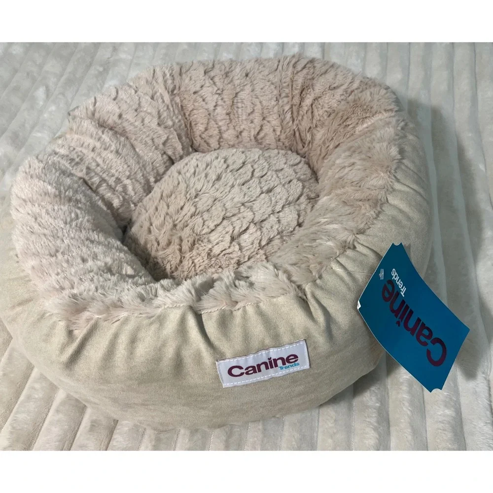 Canine Trends Bagel Pet Bed Tan Faux‎ Fur Bolster Round Small Dog Cat 18in NEW